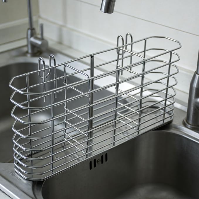 3-Compartment 304 Stainless Steel Utensil Holder | Hook Design Silverware Drying Rack | Drainage Basket for Kitchen Tableware Storage with Three Dishwashing Sponges and a Dishcloth