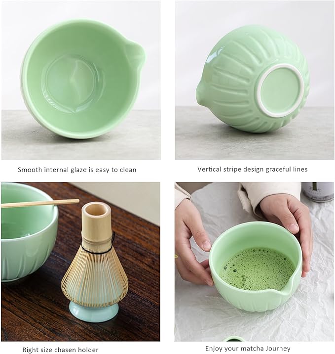 TANG PIN Matcha Set - Match Bowl and Whisk, 15 OZ, Matcha Scoop | Matcha Whisk Stand (Chasen Holder) - 4pc Perfect Matcha Kit for Matcha Tea Ceremony (Green)