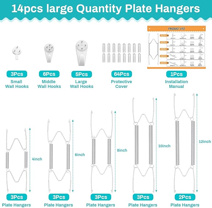 14 pcs Plate Hangers for The Wall, 4/6/8/10/12 Inch Invisible Decorative Wall Plate Hangers, Stainless Steel Plates Walls Hanger for Display Various Sizes with Hooks for Decorative