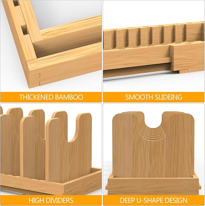 Pots and Pans Organizer Under Cabinet, Expandable Pot Lid Organizer, Bamboo Pan Organizer, Pot and Pan Organizer Rack for Kitchen Countertop or inside Cabinet