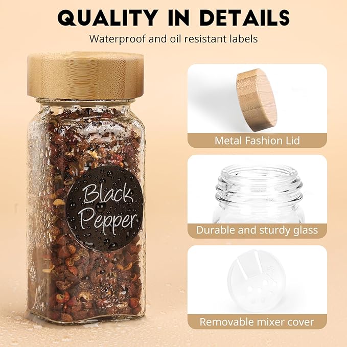 12Pcs Spice Jars with Label, 4oz Empty Square Seasoning Containers, Spice Jars with Shaker Lids, Small Spice Bottles for Salt, Herbs, Sugar, Pepper, Seasoning Jars for Spice Rack, Cabinet, or Drawer