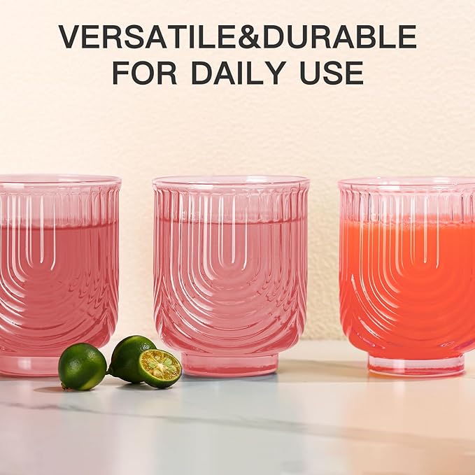 JOVGANK Pink Vintage Drinking Glasses Set of 6-14Oz Pink Glass Drinking Glasses, Art Deco Ripple Highball Glass, Whiskey Cocktail Glasses, for Bar Coffee Juice, Housewarming and Mother's Day Gift