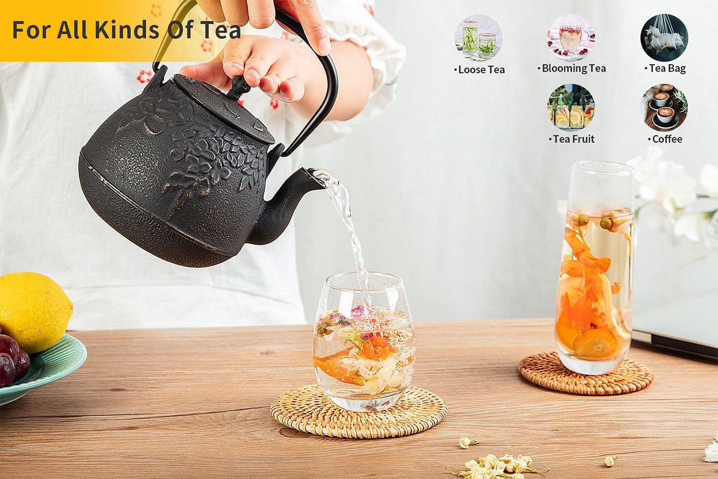 TOPTIER Japanese Cast Iron Tea Kettle with Stainless Steel Infuser, Cast Iron Teapot Stovetop Safe, Leaf Design Teapot Coated with Enameled Interior, 32 Ounce (950 ml), Turquoise Blue