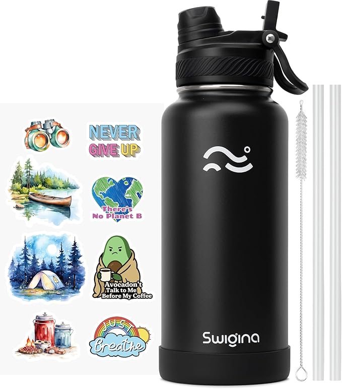 Swigina [2-IN-1 LID] Insulated Water Bottle with Silicone Boot (36hrs Cold/18hrs Hot) - DIY Stickers, Leakproof, BPA Free, 32 oz