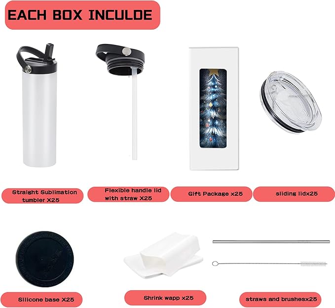 25 Pack 20oz Sublimation Tumblers Bulk, Flat Edge Sublimation Tumbler Blank, Skinny Straight Stainless Steel Blanks Cups with Individual Box(25, HNADLE LID A)