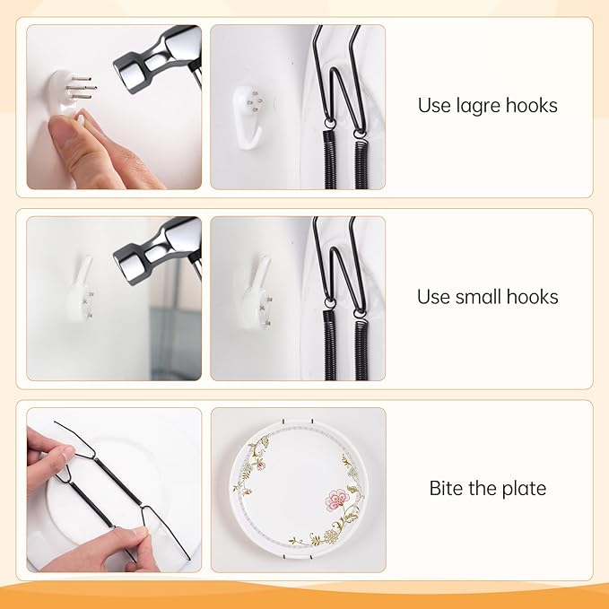 Bilillo 3-Piece Stainless Steel Wall Plate Hangers, 6/8/10 Inch Invisible Decorative Wire Plate Holders with 3 Pieces Wall Hooks for 5.5 to 10.5 Inch (Black)