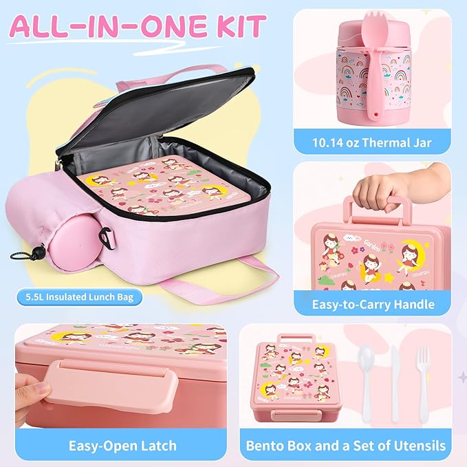 REDSHELL Bento Lunch Box for Kids Set, Leakproof Food Jar Pail with Insulated Bag, Toddler Snack Container Lunchbag for Girls Daycare, Back to School Lunchbox Kit, Includes Bottle Holder Strap, Pink