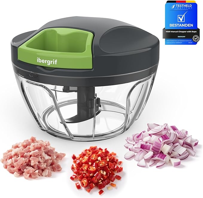 Ibergrif Manual Food Processor Vegetable Chopper, Portable Onion Chopper Garlic Mincer with Hand Pull String Cutter for for Veggies, Ginger, Fruits, Nuts, Herbs, 500ml, for Kitchen, Camping, RV, M501