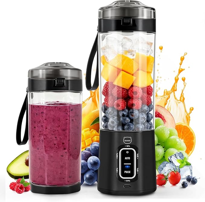 MIAOKE 2026 Upgrade 700 ML Portable Smoothie Blender, Rechargeable Personal Blende, Contains both Automatic and Pulse Functions, with Travel Cup and Lid, 6 Sharp Blades, Mixer Blender Machine Black