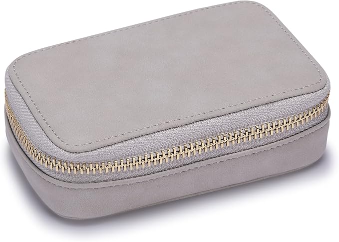 HISCOW Vegan Leather Travel Jewelry Case with Zipper - Portable Necklace & Earring Holder Organizer for Women Girls, Velvet-Lined Ring Box with Anti-Tarnish Design, Stone