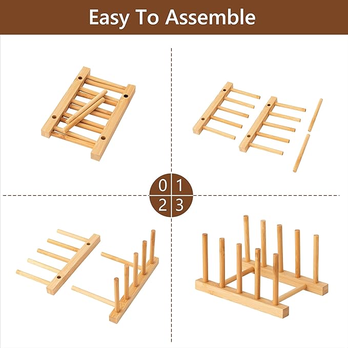 HBlife Bamboo Dish Plate Bowl Cup Book Pot Lid Cutting Board Drying Rack Stand Drainer Storage Holder Organizer Kitchen Cabinet（Keep Dry）