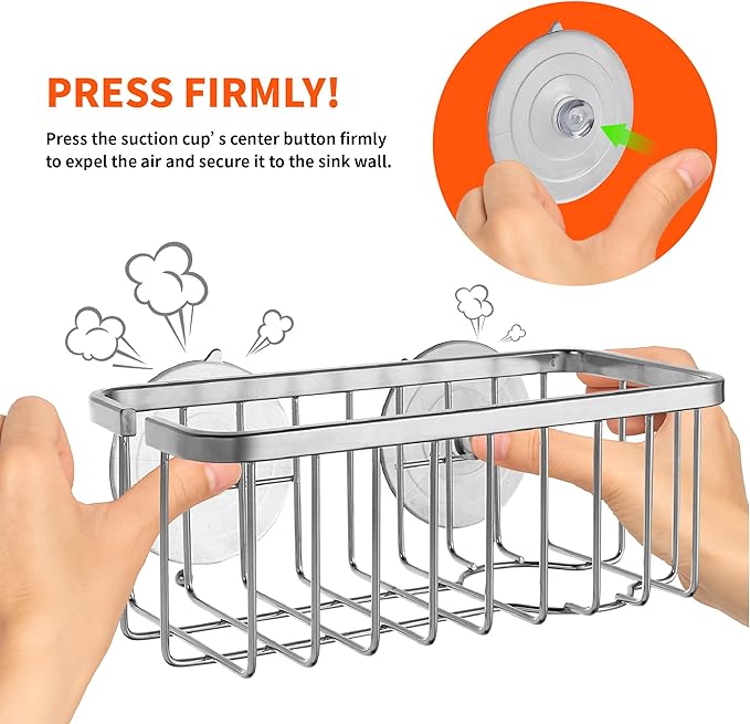 SunnyPoint NeverRust Deluxe Kitchen & Bathroom Sink Sponge Holder Organizer with Adhesive Mount - Additional Suction Cup Included – Sponge & Brush NOT Included – 7.4 x 3.3 x 2.75 Inch, BLK (Pack of 2)