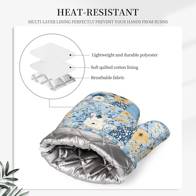 Oven Mitts and Pot Holders Floral Blue Pastel Vintage Silicone Kitchen Accessories Set of 4 Heat Resistant Long Gloves Potholder Non-Slip Grip for Chef Cooking Baking Grilling BBQ