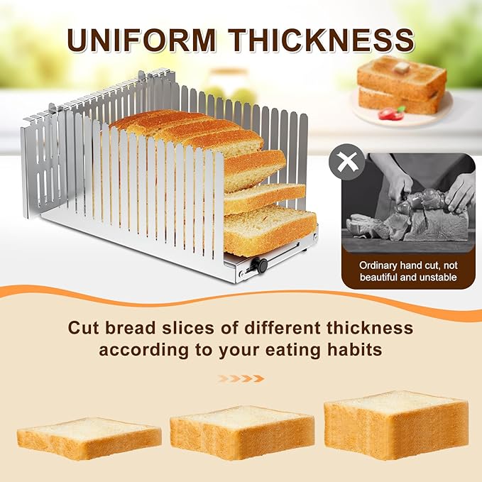 Stainless steel Bread Slicer for Homemade Bread,Adjustable Width,Foldable Compact,Bread Slicing Guide,Bread Loaf Slicer,for Cakes,Bagels,slice is 0.5",Bread width: 5.5"-8.3"(Silvers)