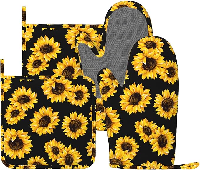 Pretty Sunflower Stylish Oven Mitts and Pot Holders Sets of 4, Heat Resistant Silicone Oven Mittens and Potholders Gloves Hot Pads for Kitchen Cooking Baking Grilling BBQ Chef