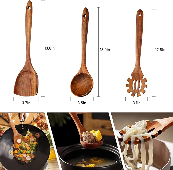 FJNATINH 3-Piece Teak Wooden Wok Spatula Set, Wooden Kitchen Utensil Set, 100% Natural Teak Wood Cooking Utensils