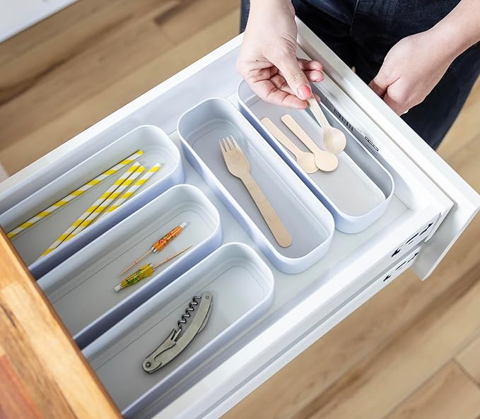 Three by Three Seattle 5-Piece Metal Stacking Drawer Organizers – Large, 2" Deep, Food-Safe (French Gray) – Stylish Kitchen Drawer Storage
