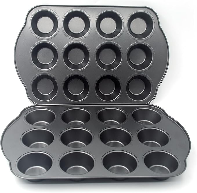 Non-Stick Standard Muffin Pans, 2.95" 12-Cup Set of 2 Baking Pans, Heavy Duty Carbon Steel Tins for Standard Muffins & Cupcakes