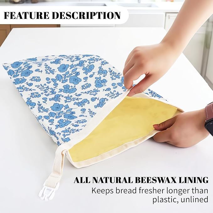 2 Pack Beeswax Bread Bags - 17x13 Inch Reusable Bread Storage Bags,Bees Wax Lined Bread Bags for Home Cooks fresh bread storage Easy Clean (Blue Floral)