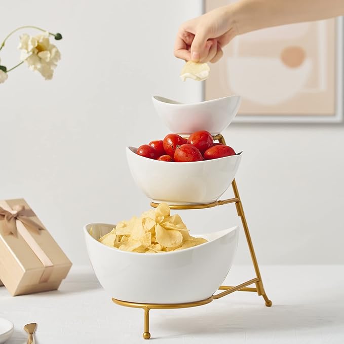 Gomakren 3 Tiered Oval Serving Bowl with Collapsible Metal Rack, Chip and Dip Serving Set, Dessert Appetizer Bowl Set (45oz / 17.5oz / 7oz), White Serving Bowls For Entertaining (Gold Stand)