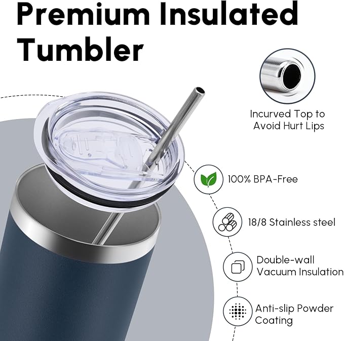 Volhoply 12 Pack Skinny Tumblers with Lid and Straw, 20oz Stainless Steel Straight Tumbler Bulk, Vacuum Insulated Coffee Mug for Home, Office, Travel, DIY (Navy,12 Pack)