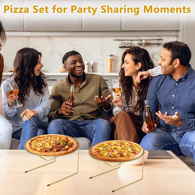 12 Pcs Pizza Pan Riser Stands Sets Includes 4 Metal Pizza Table Stands 4 Pizza Pan and 4 Wood Handle Pie Server, Pizza Rack Stand Pizza Tray for Pizza Dessert Cheese (Gold)