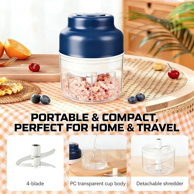 Electric Garlic Chopper Mini, Upgraded Rechargeable Veggie Chopper With Storage and Cover, One-Touch Food Processor with 4 Stainless Steel Blades for Onion Meat Chili Ginger (Purple, 250ml)
