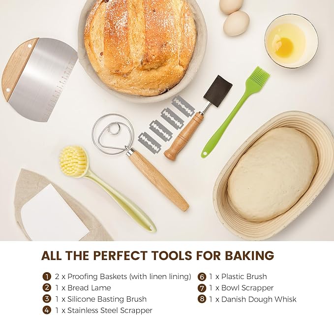 Artisan Sourdough Bread Proofing Baskets Set of 2 – Banneton Basket Kit with 9" Round & 10" Oval, 6 Accessories for Bread Baking