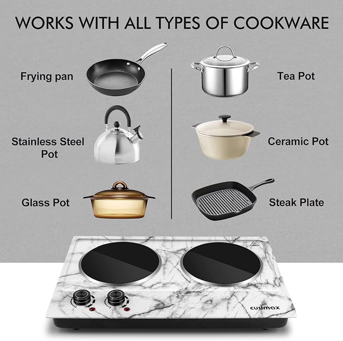 CUSIMAX Hot Plate, 1800W Double Burner Electric Hot Plate for Cooking, Dual Control Portable Infrared Stove Countertop Cooktop, Heat-up in Seconds, Stainless Steel White Marble