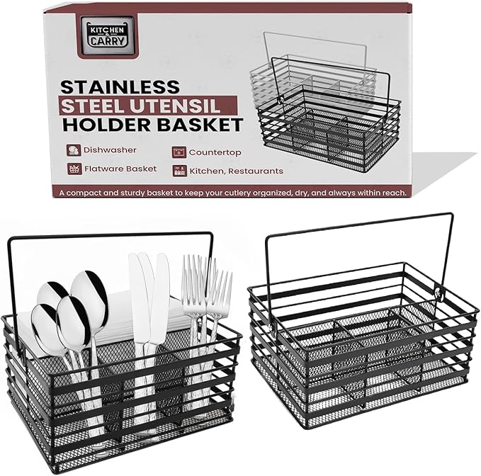 Stainless Steel Utensil Basket,Dishwasher, Flatware Basket, Kitchen, Countertop, Office, Camping, Outdoors, and Restaurants, 4-Compartment, Black