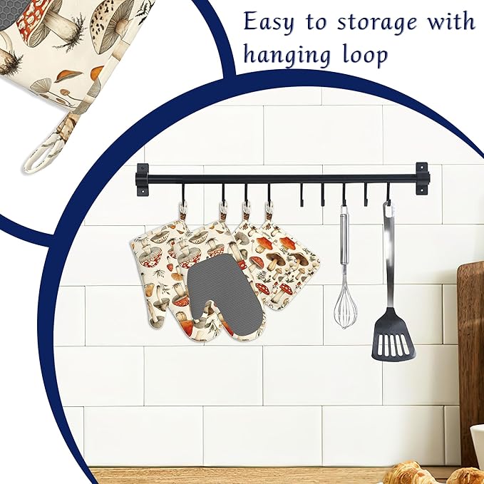 Mushroom Potholders & Oven Mitts Sets Funny Wildflowers Herb Silicone Heat Resistant Oven Mits and Hot Pads Non-Slip Pot Holders Gloves for Kitchen Chef Cooking Baking Grilling BBQ