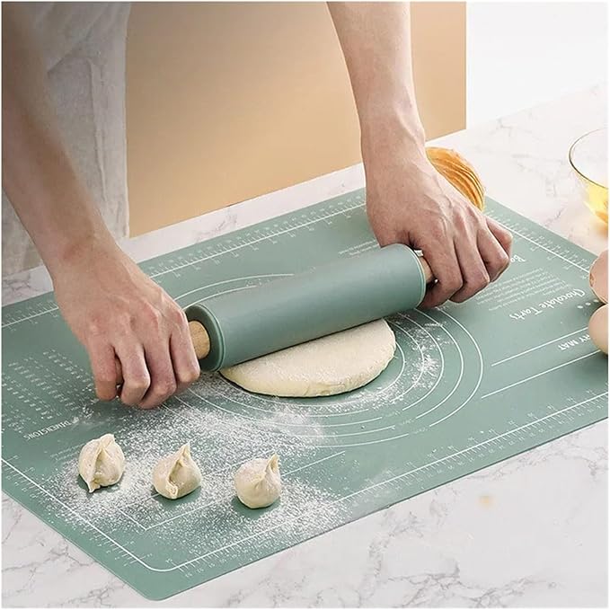 Silicone Measuring Kneading Pad Set Household Rolling Pin Dough Large Thick Non-slip Non-stick Bottom Baking Tool(Rolling pin green)
