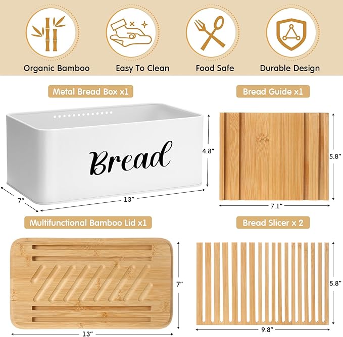 Bread Box with Bread Slicer Storage Container for Kitchen Countertop Food Storage with Multifunction Bamboo Lid, 3 in 1 Breadbox Removable Cut Board for Loaf Slicing (White,Wood, Metal,Bamboo)