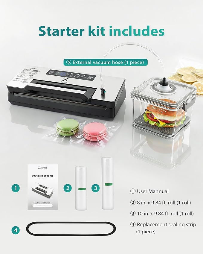 Dual Pump Vacuum Sealer for Food Storage & Sous Vide, Handle Lock, Double Heat Seal 5mm Wide, Built-in Cutter & Bag Roll Storage, External Vacuum Port, Dry/Moist Modes, Starter Kit Included