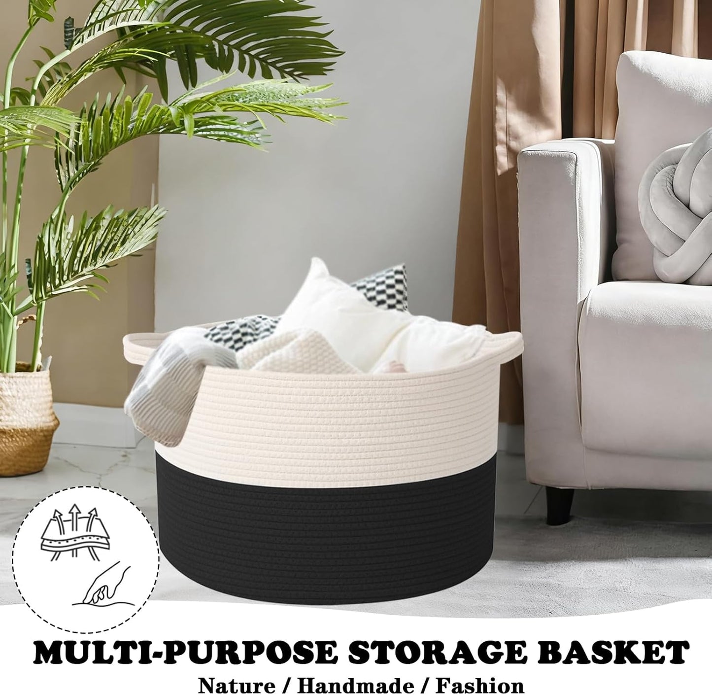 Large Blanket Basket for Organizing,115L Closet Organizers and Storage Bins Box for Shelves Woven Rope Storage Baskets,Living Room,Bedroom,Dorm,Laundry room (White&Black)