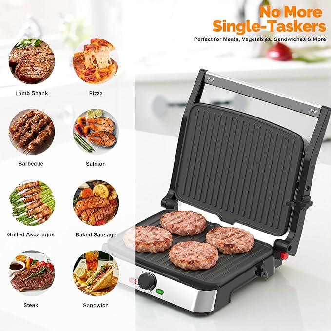 Electric Panini Press Grill and Sandwich Maker / 8.5" x 11" Non-Stick Coated Plates, Opens 180 Degrees to Fit Any Type or Size Food, Dishwasher Safe, Sliver