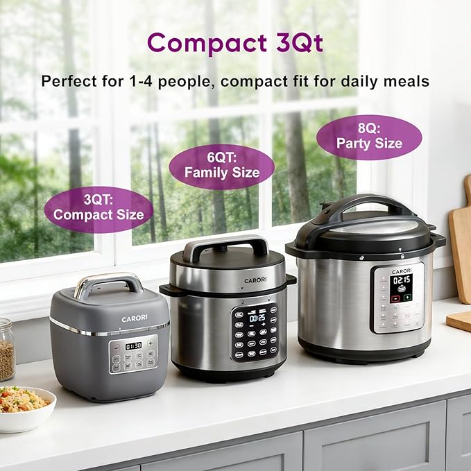 Carori 8-in-1 Electric Pressure Cooker, Compact 3 QT All-in-1 Multi-Cooker with Ceramic Pot, Saute, Slow Cook, Rice, Stew, Delay Start, Keep Warm & Safe Vent, Gray