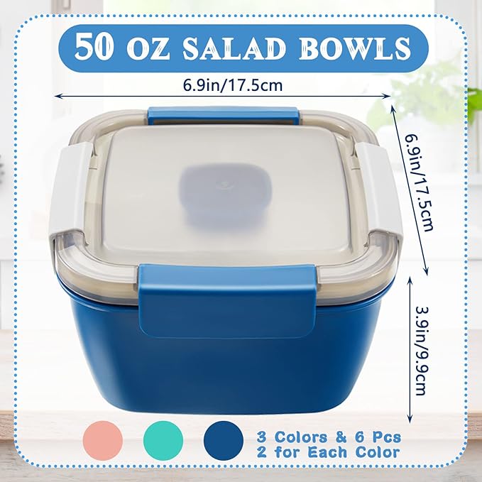Tessco for you 6 Pcs Salad Lunch Container 50 oz Salad Container with 3 Compartment Reusable Bento Box for Adults Stackable Lunch Bowl for Meal Snack Fruit(Pink,Blue,Green)