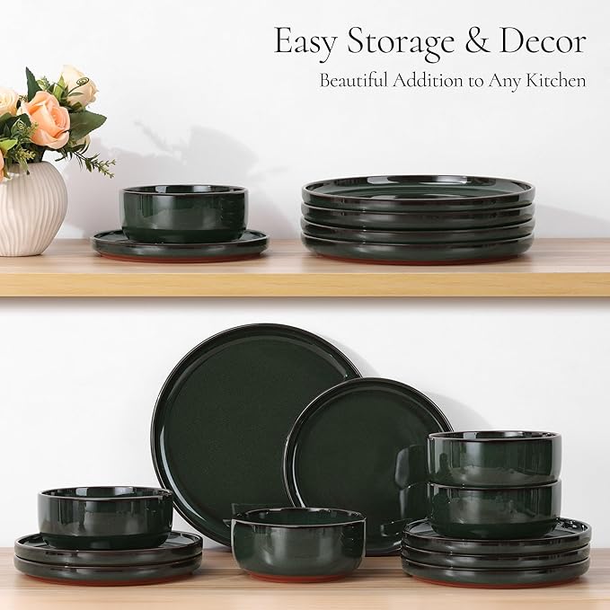 E-far Stoneware Dinnerware Sets for 8, 24 Pieces Reactive Glaze Plates and Bowls Sets, Elegant Dishes with Rustic Terracotta Clay Base, Dishwasher & Microwave Safe, Scratch Resistant, Blackish Green