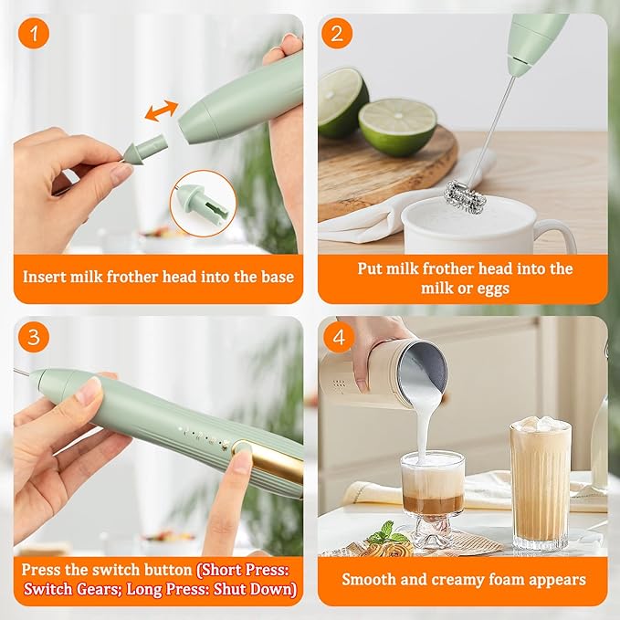 TonJin Frother Wand Rechargeable USB-C Milk Frother Handheld Mixer Electric with 2 Whisk Heads, 3 Speeds Adjustable Coffee Drink Mixer with Stand for Lattes, Matcha, Hot Chocolate, Egg, Matcha(Green)