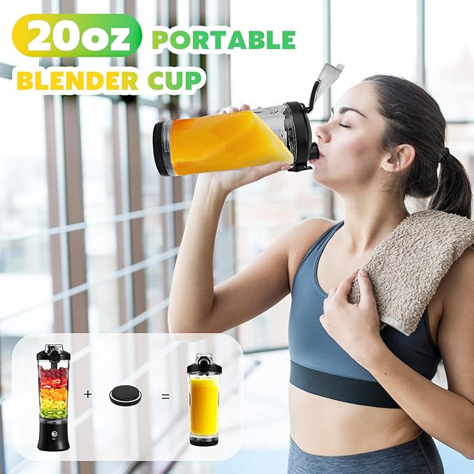 Portable Blender Personal Juicer for Shakes and Smoothies - 20 OZ Electric Protein Shaker Bottle with Insulated Sleeve, Travel Lid, USB-C Rechargeable - Mini Small Blender Cup for Kitchen, Office, Gym