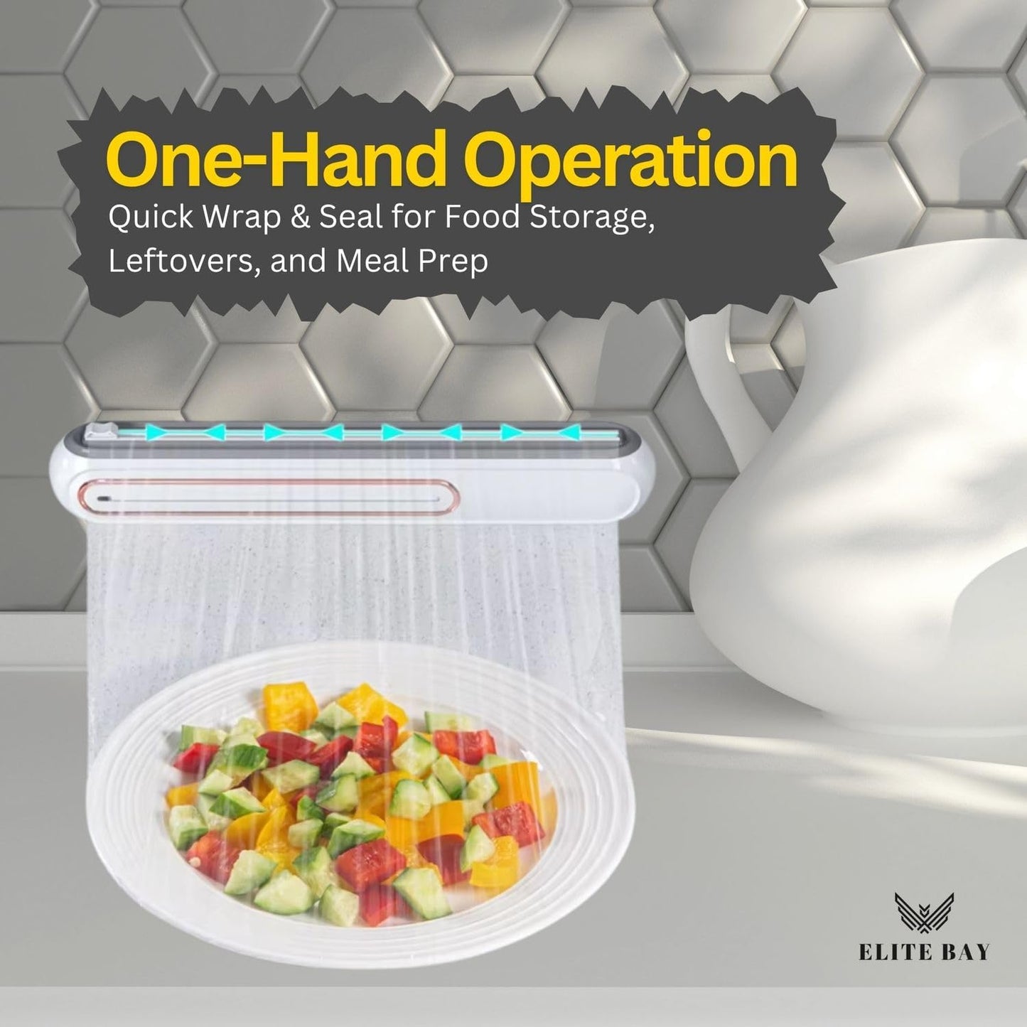 Food Plastic Wrap Dispenser with Sliding Cutter – Refillable ABS Wrap Cutter for Kitchen Use | Includes 80cm Plastic Wrap Roll | Compact, Safe & Easy to Use | Space-Saving Design in White.