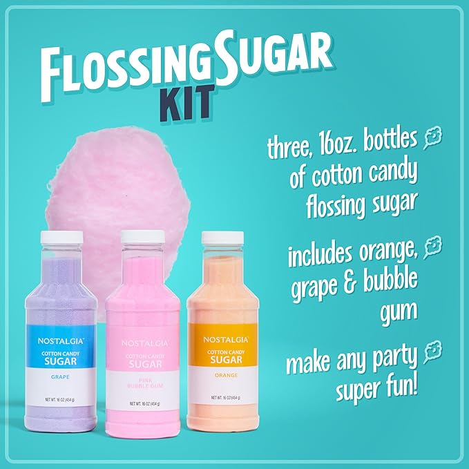 Nostalgia Cotton Candy Flossing Sugar (3-Pack), Grape, Pink Bubble Gum, Orange - Three 16-oz Bottles of Cotton Candy Sugar Mix - 96 Small to Medium Cone Servings