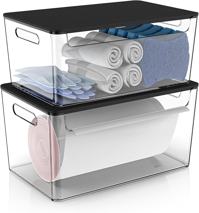 2 Pack Trash Bag Holder Under Sink Stackable, Plastic Garbage Bag Dispenser with Lid, Trash Bag Storage Dispenser Roll Holder for Kitchen, Pantry, Laundry Room Organization (Black Lid)