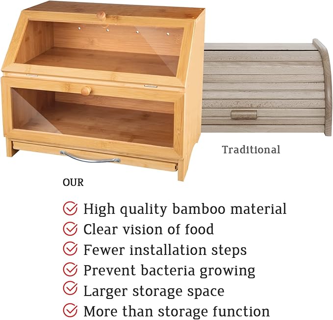MAISONPEX Double Layer Bamboo Bread Box for Kitchen Countertop, Cutting Board, and Stainless Steel Bread Knife, Large Capacity Storage Container with Clear Windows (Self-Assembly)