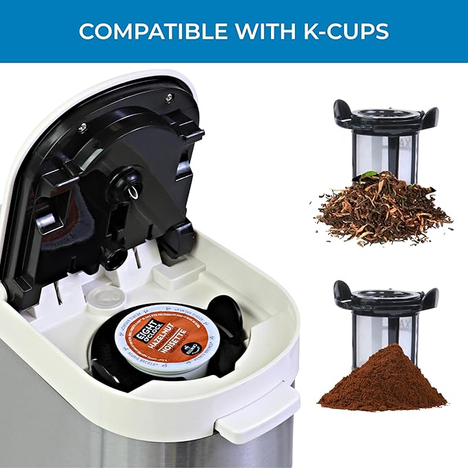 Kenmore Single Serve Coffee Maker – 6–12 Oz Brew Sizes, Compatible with Keurig K‑Cup Pods & Ground Coffee, One Cup Brewer, Travel Mug Friendly, Auto Shut‑Off, Hot & Iced maquina de cafe, White