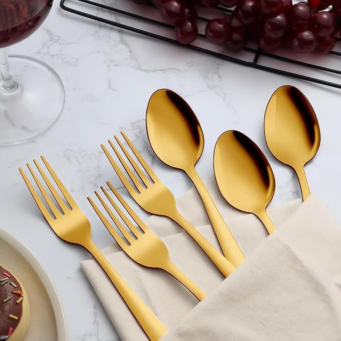 Unokit 24-Piece Spoons and Forks Set Silverware Set - Forks and Spoons Stainless Steel Silverware for Home, Kitchen and Restaurant, 12-Fork and 12-Spoon, Mirror Polished & Dishwasher Safe, Gold