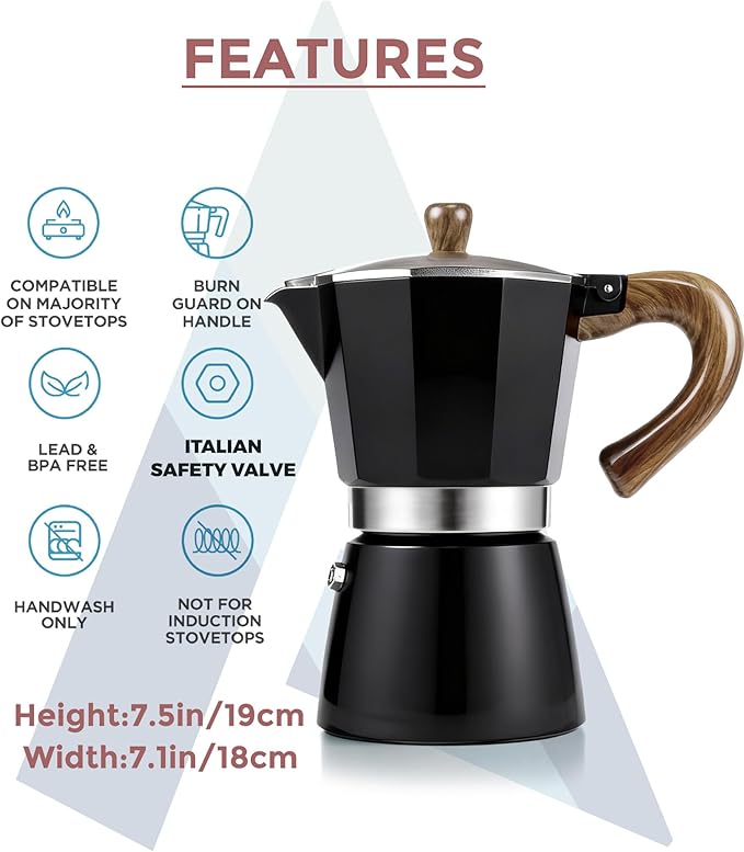 AGOGO Milano Moka Pot Stovetop Espresso Maker with 100 Paper Filters for Sediment-Free Coffee, Classic Italian Greca with Wood-Grain Handle,Cleaning Brush & Towel 6 Cup (10oz / 300ml) Black