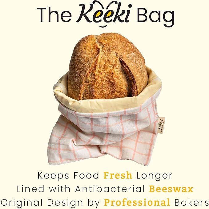 Keeki Bag - The Original Beeswax Lined Bread Bag for Homemade & Sourdough | Reusable Linen Bread Storage | Beeswax Wrap Alternative | Plastic-Free Storage w/Wide Drawstring Closure (Natural)
