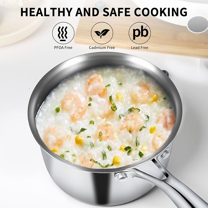 EWFEN 3 Ply Stainless Steel Saucepan with Lid, 3 Quart Multipurpose Cooking Pot, Stay-Cool Handle, Induction Oven Dishwasher Safe, 3 QT